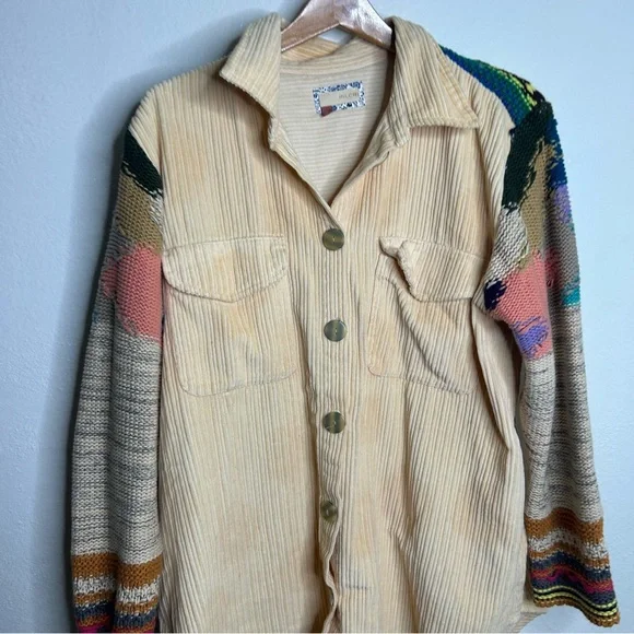 Anthropologie Pilcro Crochet Sleeve Multicolor Button Down Shacket Size M - Picture 7 of 16